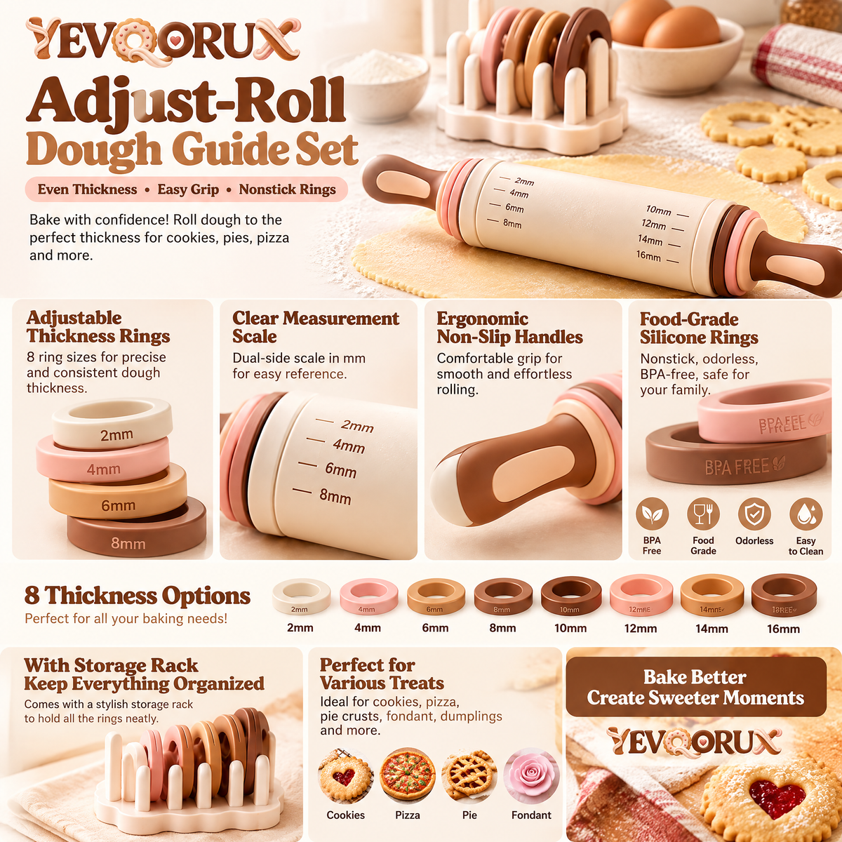 YEVQORUX Adjustable Rolling Pin with Thickness Guide Rings & Holder – Dough Roller for Cookies, Pie Crust and Pastry