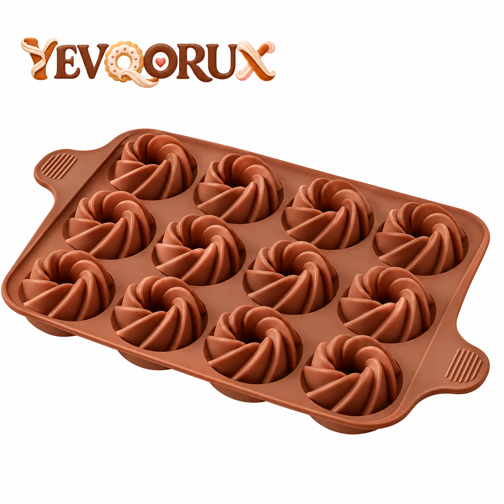 YEVQORUX 12-Cavity Mini Bundt Silicone Cake Mold - Swirl Ring Baking Pan with Easy-Grip Tabs