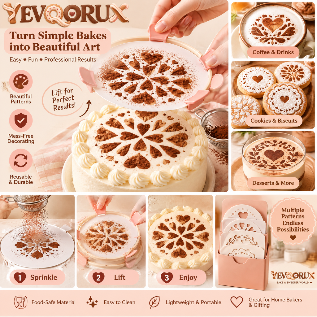 YEVQORUX Cake Decorating Stencil Frame Kit with 4 Reusable Pattern Sheets, Lift Tabs & Center Guides for Cakes and Cookies