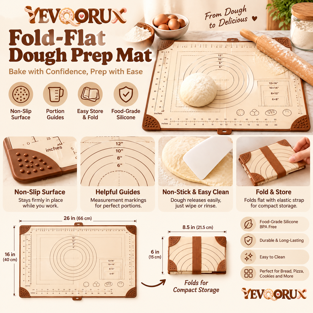 YEVQORUX Foldable Silicone Pastry Mat with Measurement Guides – Non-Slip Dough Rolling & Kneading Mat with Storage Strap