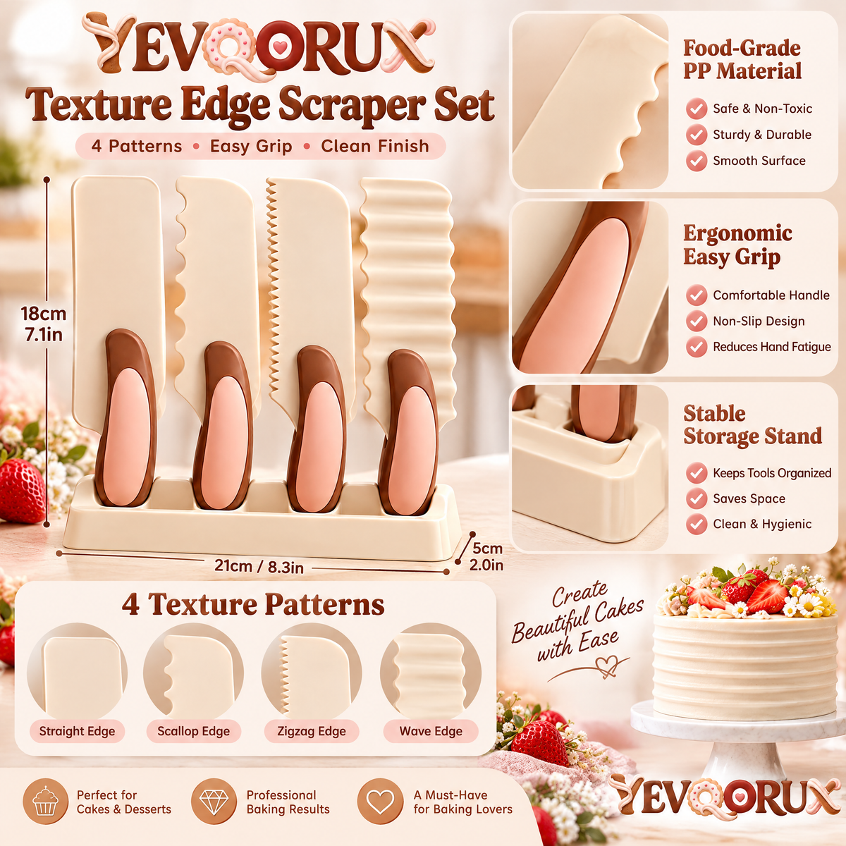YEVQORUX 4-Piece Cake Scraper and Icing Comb Set with Ergonomic Handles, Buttercream Texture Edges & Storage Stand