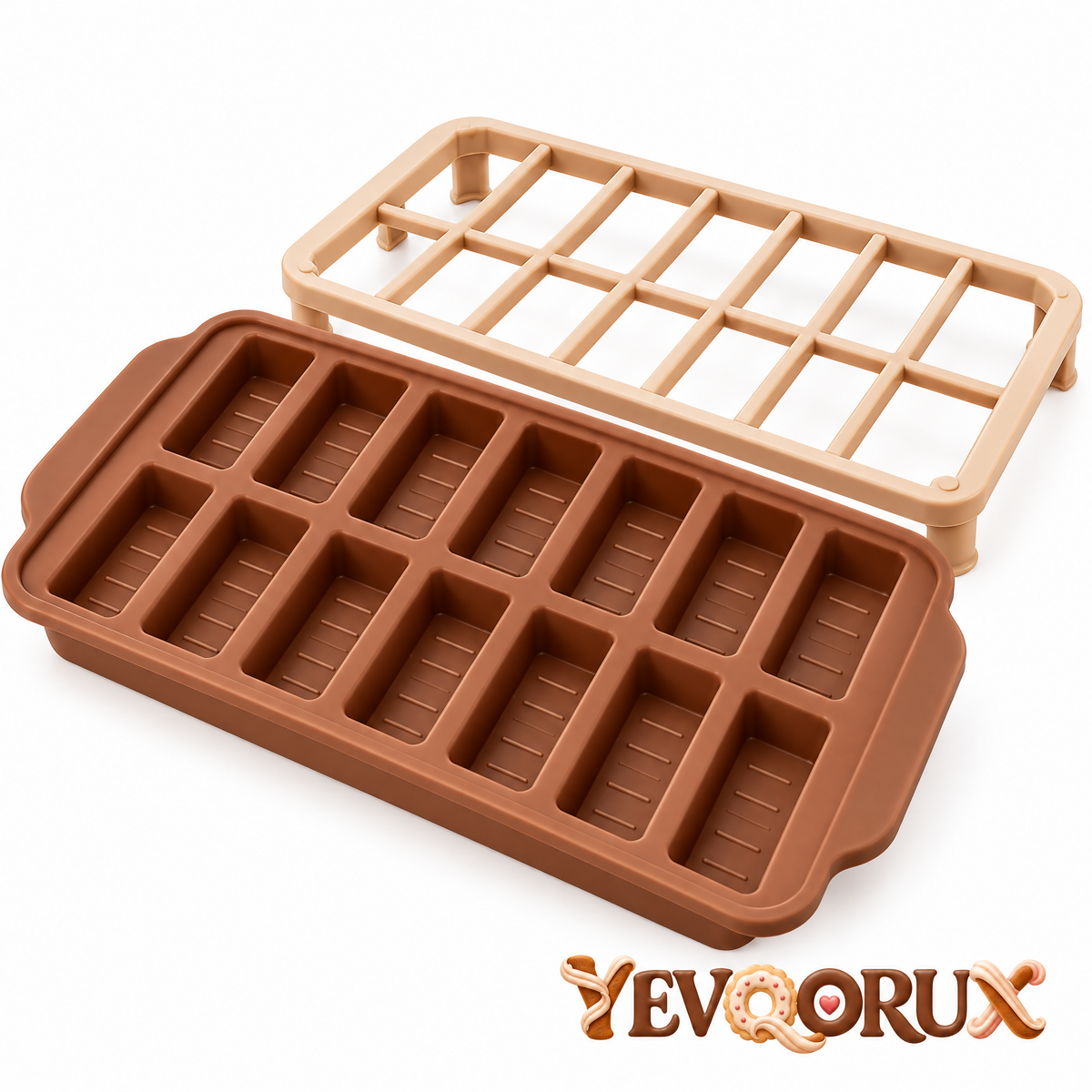 YEVQORUX 15-Cavity Silicone Brownie Bar Mold Set with Fill Guides & Matching Cooling Support Frame