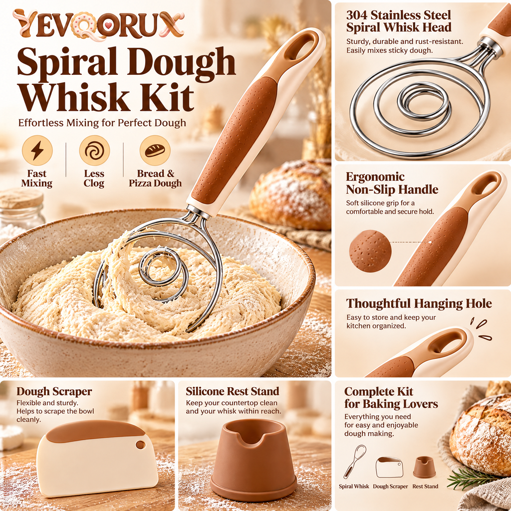 YEVQORUX Danish Dough Whisk Kit with Bowl Scraper & Rest – Handheld Bread Dough Mixer for Sourdough, Pizza and Pastry