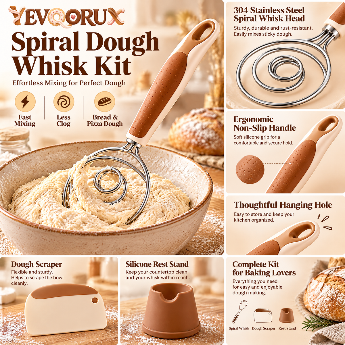 YEVQORUX Danish Dough Whisk Kit with Bowl Scraper & Rest – Handheld Bread Dough Mixer for Sourdough, Pizza and Pastry
