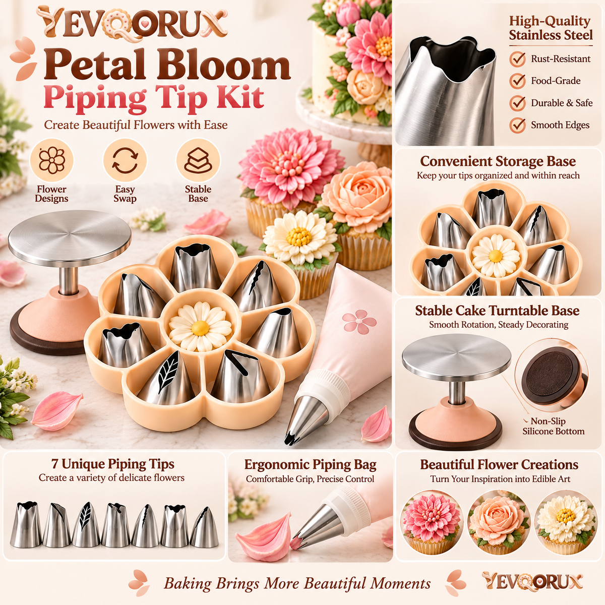 YEVQORUX Petal Bloom Cake Decorating Kit with 7 Flower Piping Tips, Flower Nail, Reusable Pastry Bag & Organizer Tray