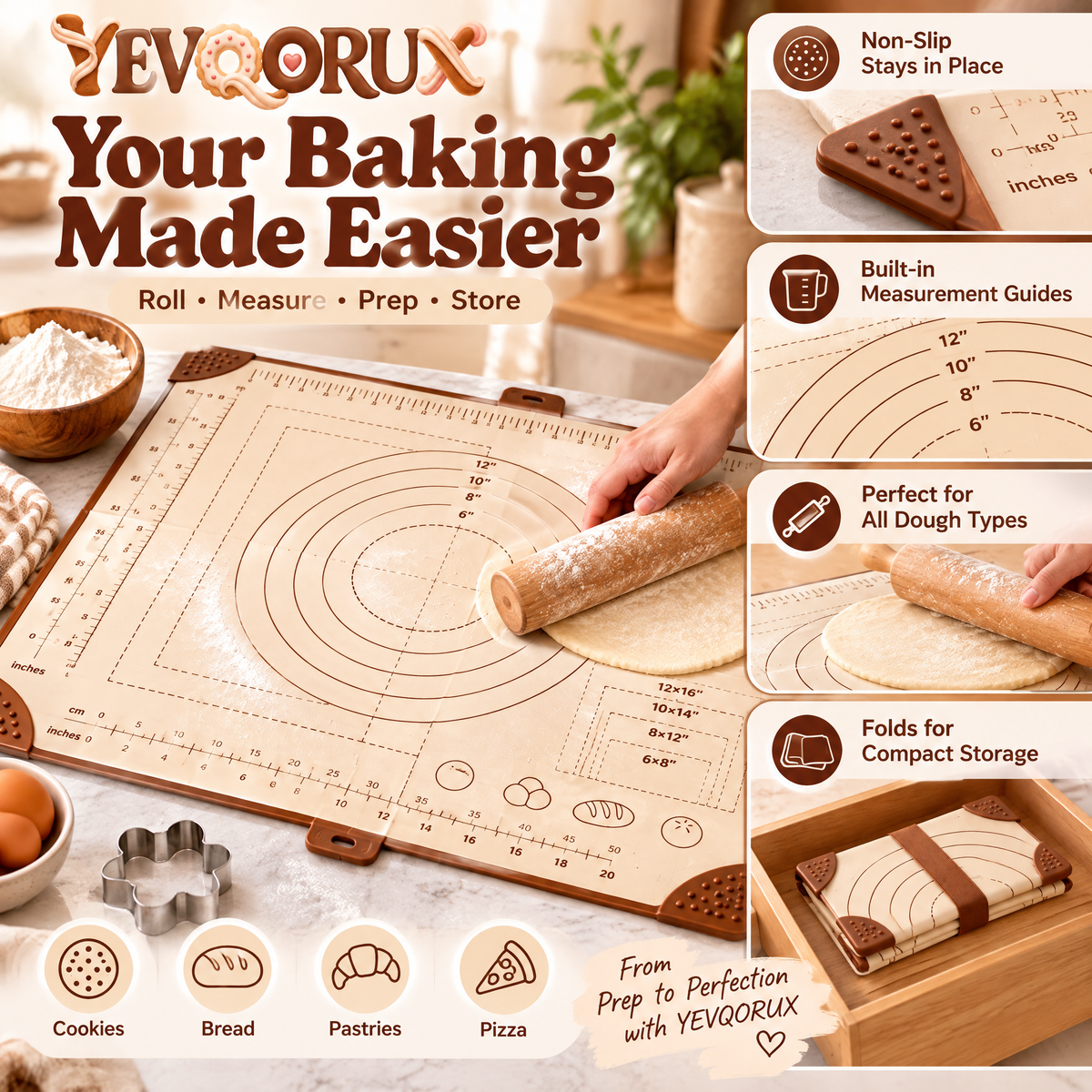 YEVQORUX Foldable Silicone Pastry Mat with Measurement Guides – Non-Slip Dough Rolling & Kneading Mat with Storage Strap