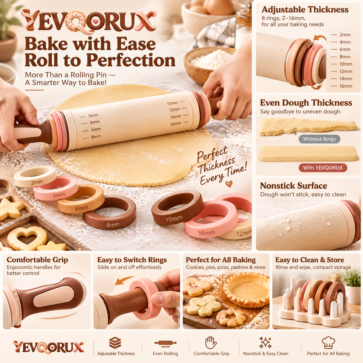 YEVQORUX Adjustable Rolling Pin with Thickness Guide Rings & Holder – Dough Roller for Cookies, Pie Crust and Pastry