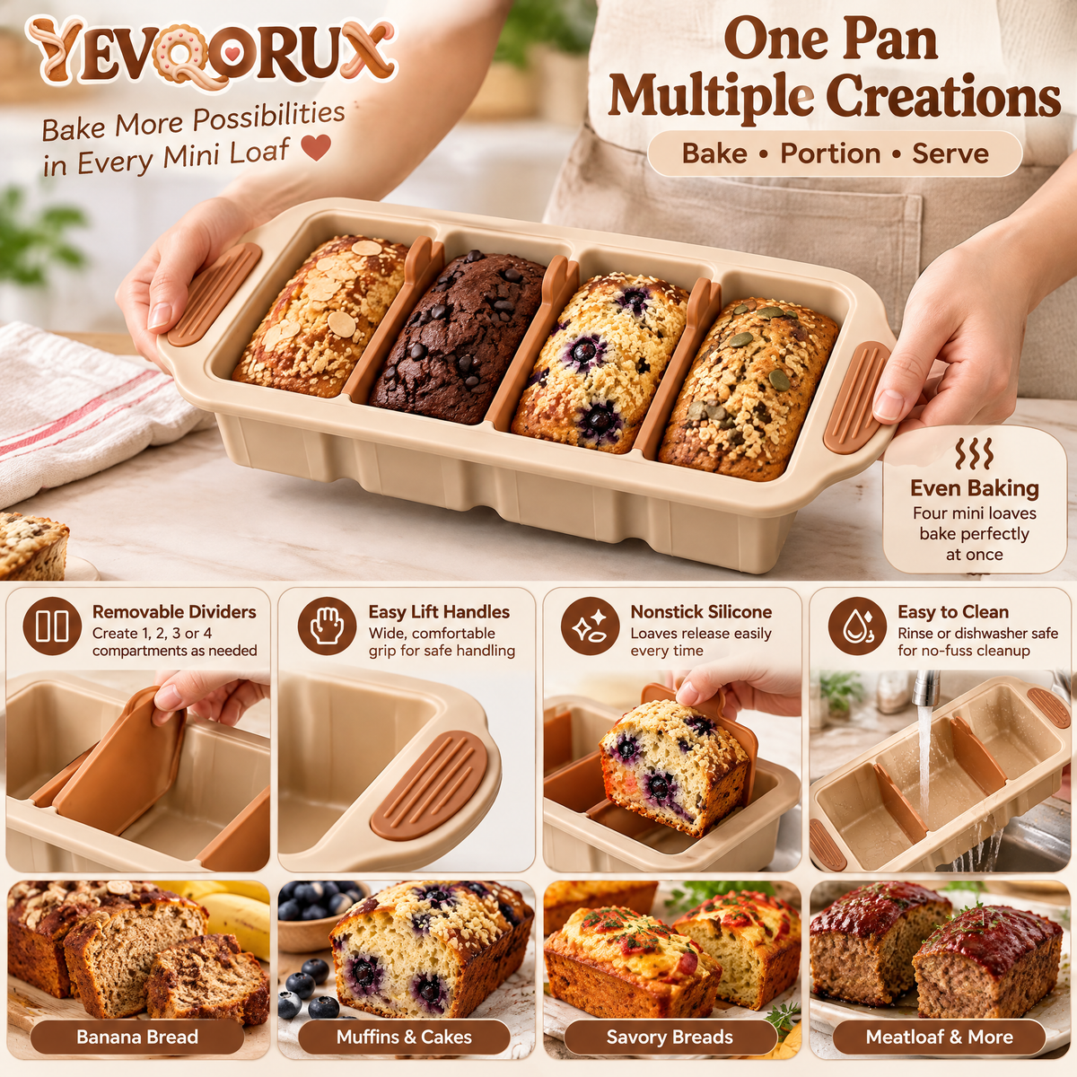 YEVQORUX 4-Cavity Mini Loaf Silicone Baking Pan with Removable Dividers - Small Bread & Quick Bread Mold