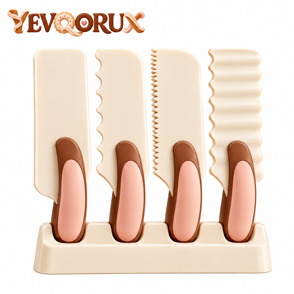 YEVQORUX 4-Piece Cake Scraper and Icing Comb Set with Ergonomic Handles, Buttercream Texture Edges & Storage Stand