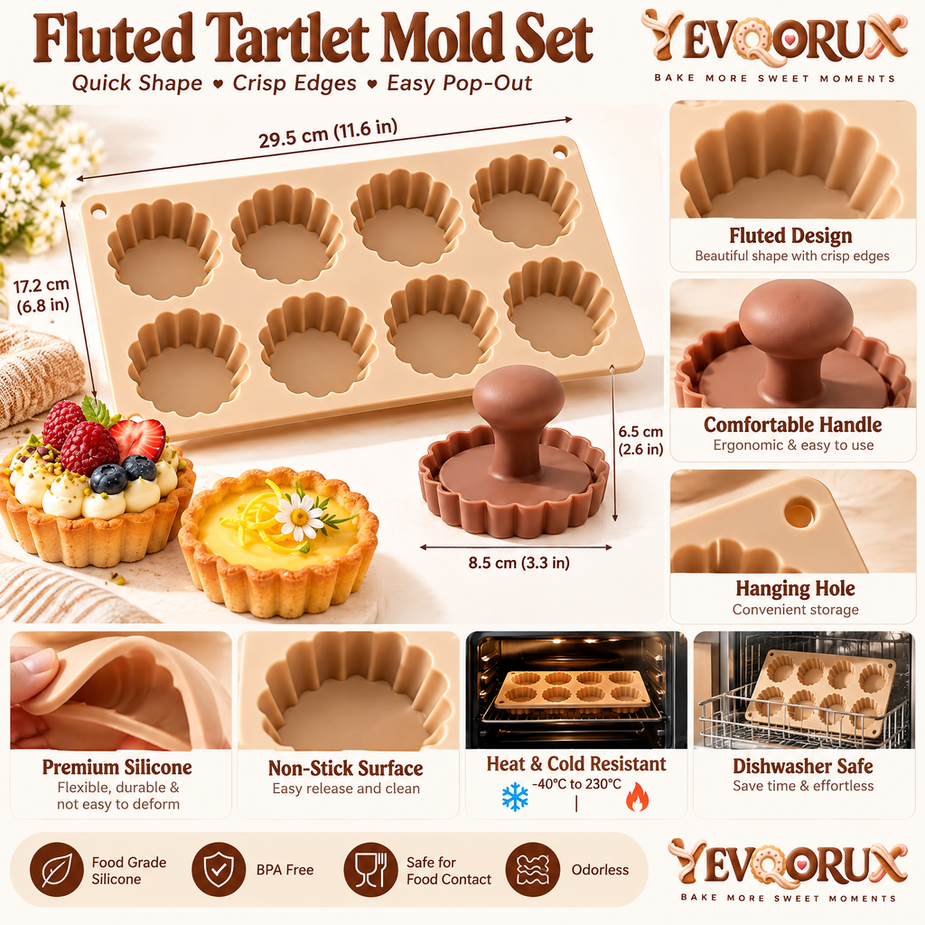 YEVQORUX 8-Cavity Fluted Tartlet Silicone Mold Set with Pastry Press - Mini Tart & Pie Shell Pan
