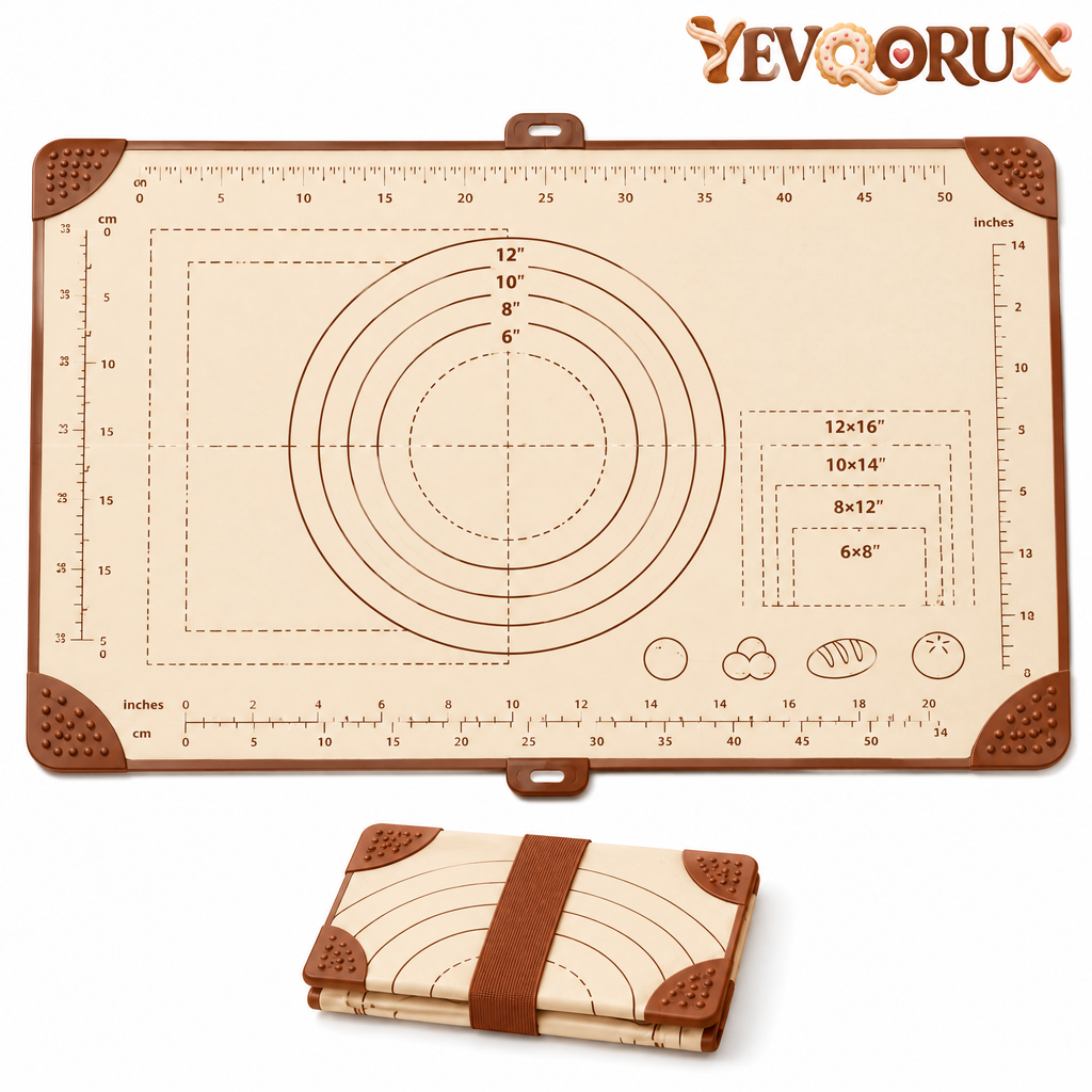 YEVQORUX Foldable Silicone Pastry Mat with Measurement Guides – Non-Slip Dough Rolling & Kneading Mat with Storage Strap
