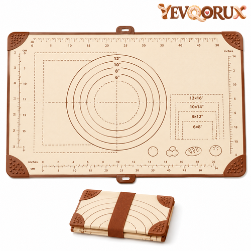YEVQORUX Foldable Silicone Pastry Mat with Measurement Guides – Non-Slip Dough Rolling & Kneading Mat with Storage Strap