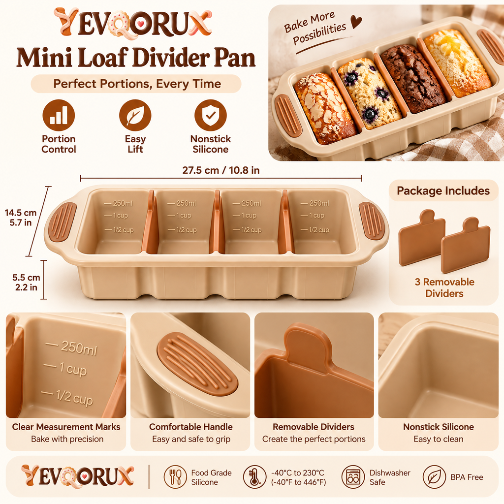 YEVQORUX 4-Cavity Mini Loaf Silicone Baking Pan with Removable Dividers - Small Bread & Quick Bread Mold